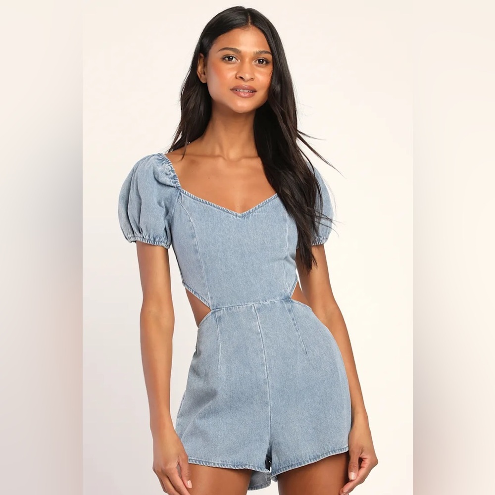 Light Wash Denim Puff Sleeve Romper
